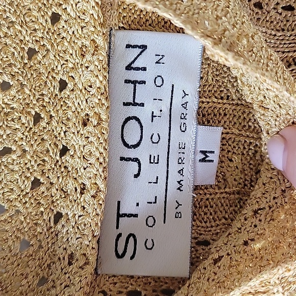 ST JOHN Collection Cable Knit Short Sleeve Sweater in Gold metallic Women Sz M‎ - Picture 3 of 8